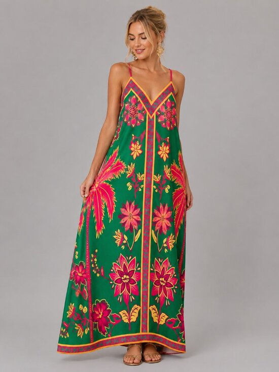Dresses & Skirts - Women's Green Floral Boho Maxi Dress Spaghetti Strap Beach Vacation Sundress